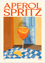 Aperol spritz drink poster i retro stil färgglad i blå orange gul med text av elin pk