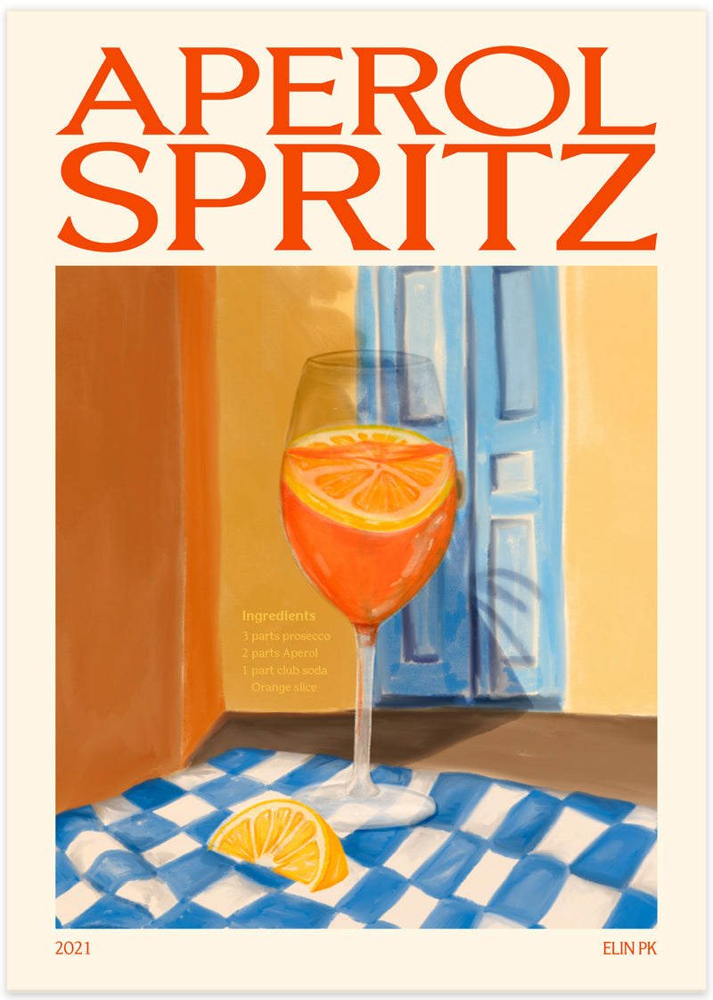 Aperol spritz drink poster i retro stil färgglad i blå orange gul med text av elin pk