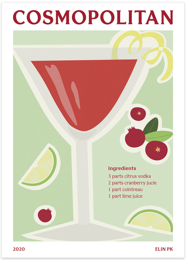 cosmopolitan drink poster med ingredienser i retro stil färgglad i grön röd gul med text av elin pk