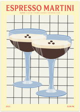 espresson martini drink poster med ingredienser i retro stil färgglad i blå brun orange med text och linjera v elin pk