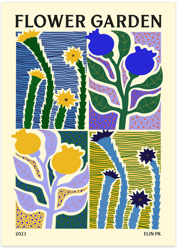 botanisk illustration poster av blomkvistar i fyra delar och blå gula toner av blommor av elin pk
