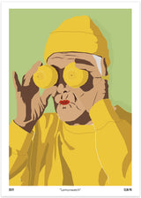 komisk illustration poster i retrostil av en kvinna i gul tröja och mössa med två citroner framför ögonen i grön bakgrund poster av elin pk