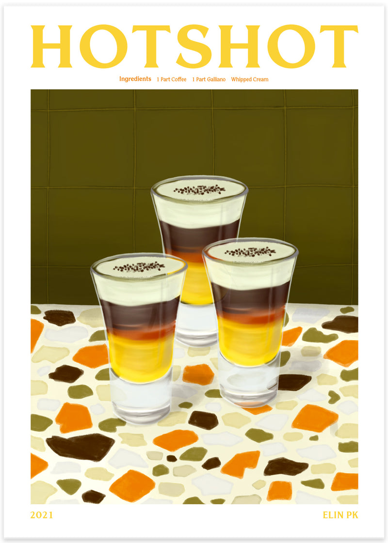 Hotshot drink poster med ingredienser i retro stil färgglad i brun orange gul med text av elin pk