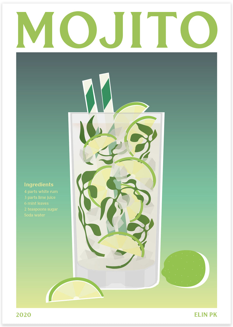 Mojito drink poster med ingredienser i retro stil färgglad i grön bakgrund och glas med sugrör med grön text av elin pk