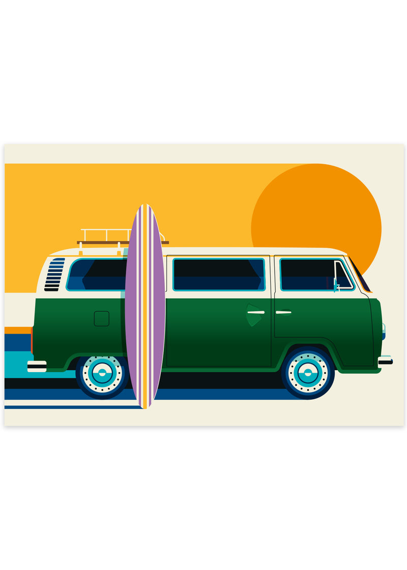 Surf-camp-Poster-orange-green-yellow-surfboard--by-bo-lundgren-poster-space-no-frame