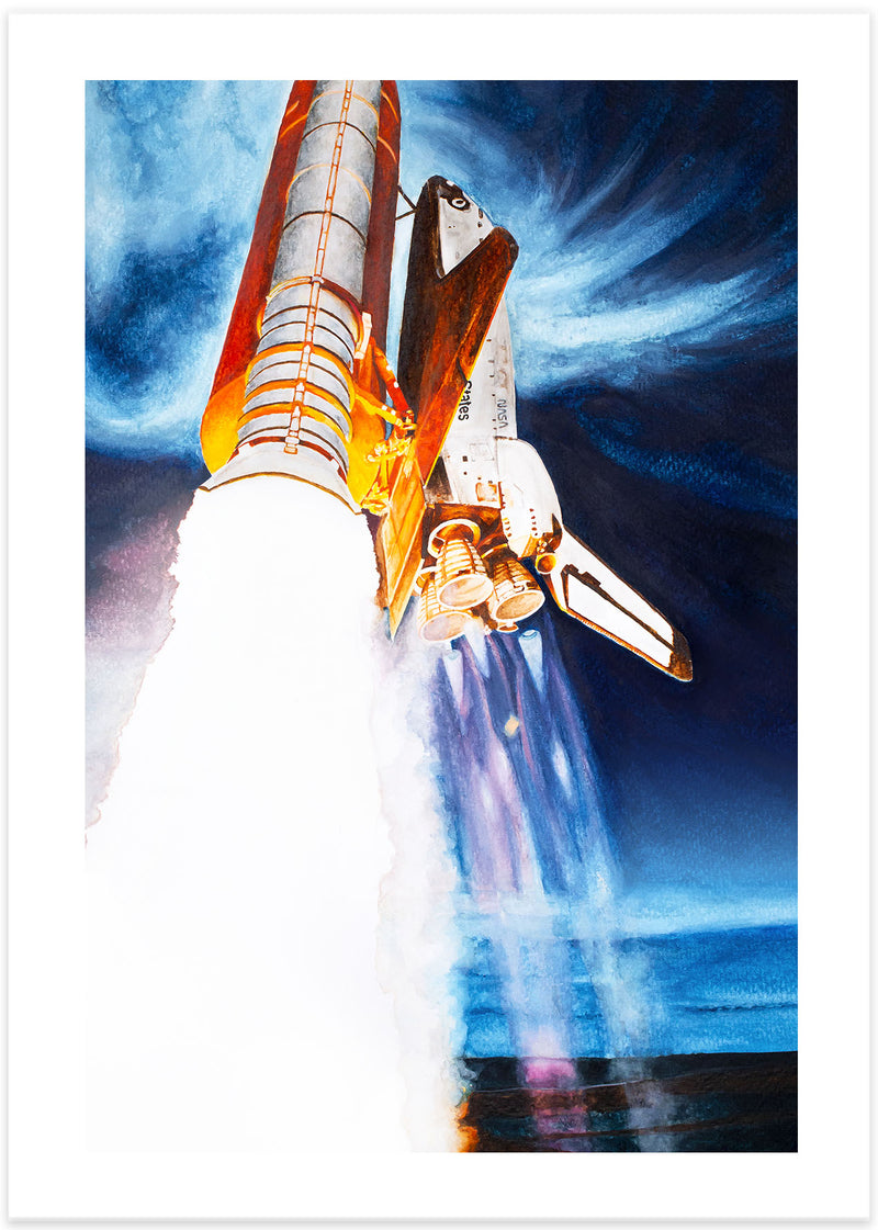 poster illustration of the first launch of the Space Shuttle Challenger in 1985 painted with watercolor in blue, red and yellow..