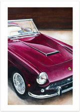 Poster with illustration of a vintage Ferrari in burgundy.