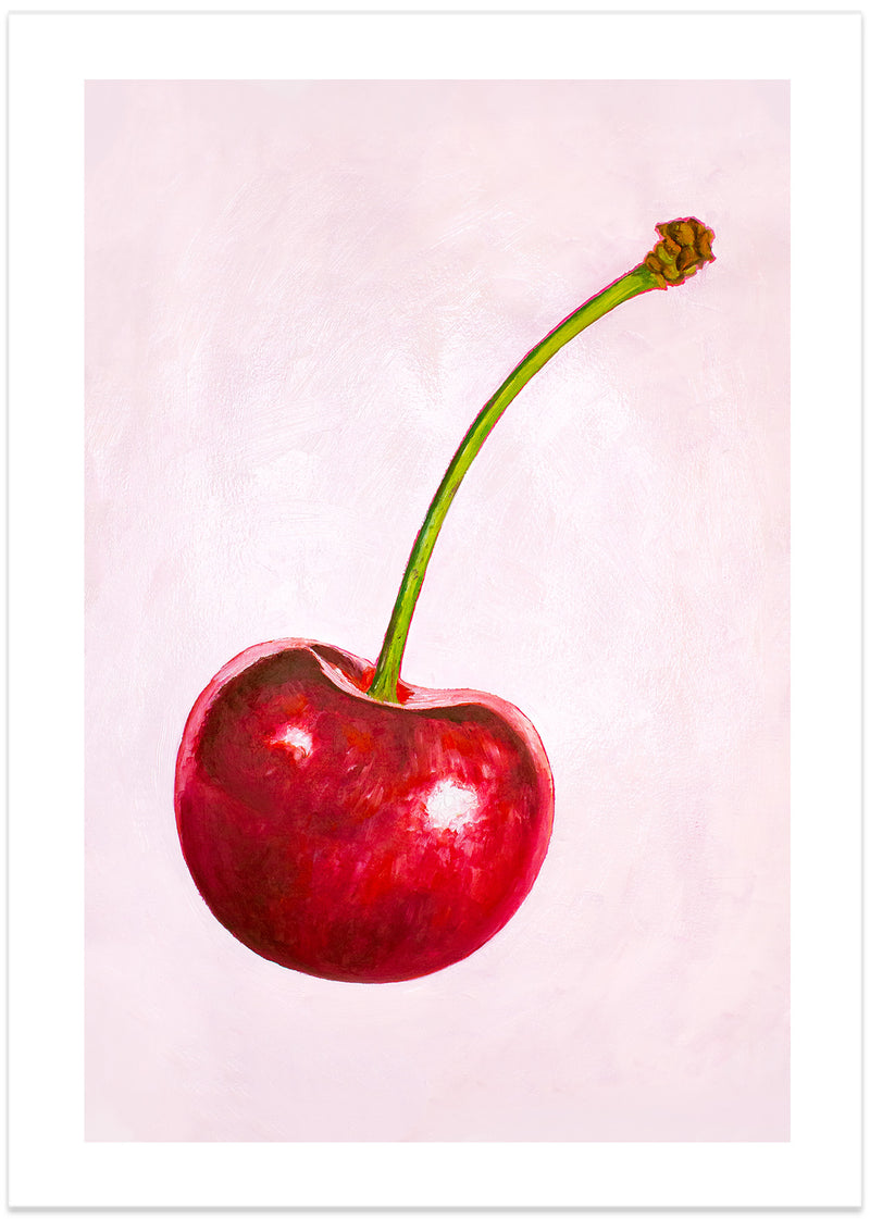 Poster with illustration of a shiny red cherry against a pink background.