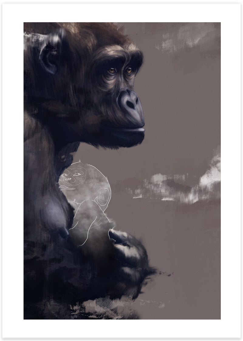 monkey gorilla huggung baby poster in black and brown