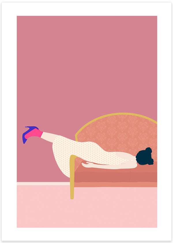 Poster with illustration in shades of pink of exhausting woman crashing head first into the sofa.