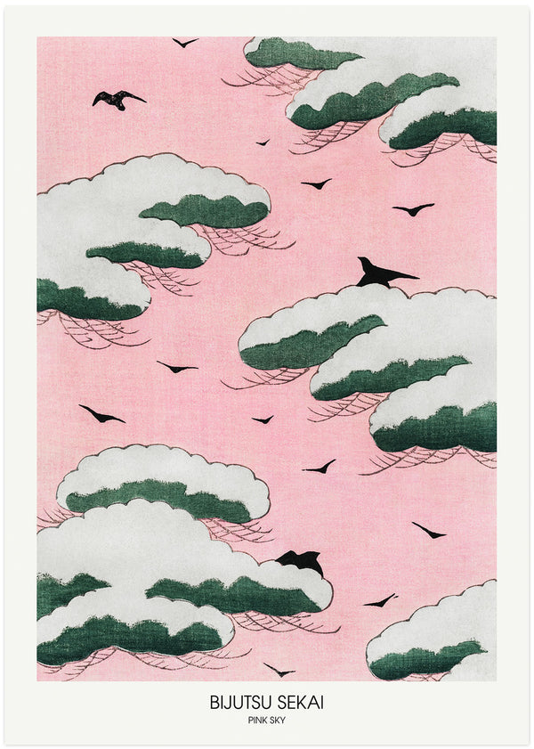 pink-sky-poster-by-bijutsu-sekai-painting-of-white-and-green-clouds-with-pink-background-and-birds-in-japandi-style