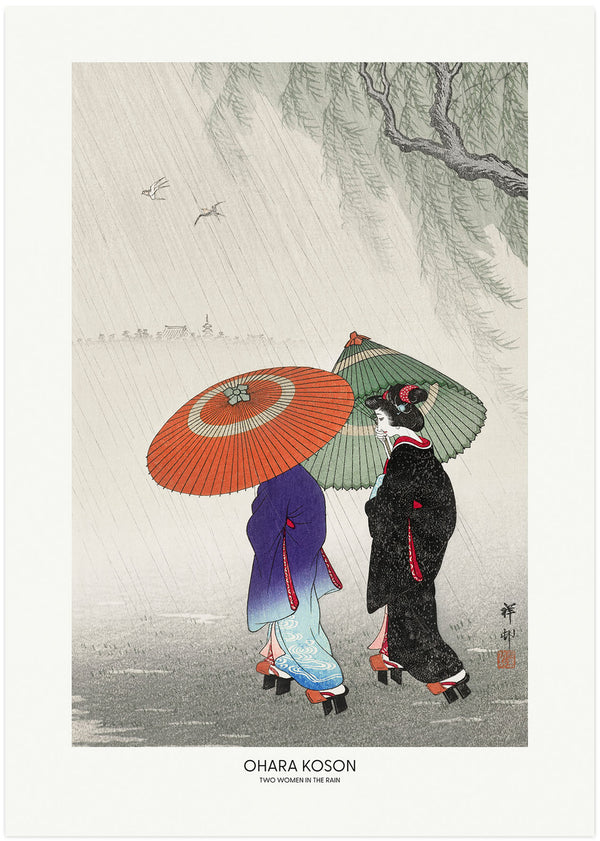 japandi poster och Two Women In The Rain by Ohara Koson, two women in kimono with umbrella in orange and green walking in the park