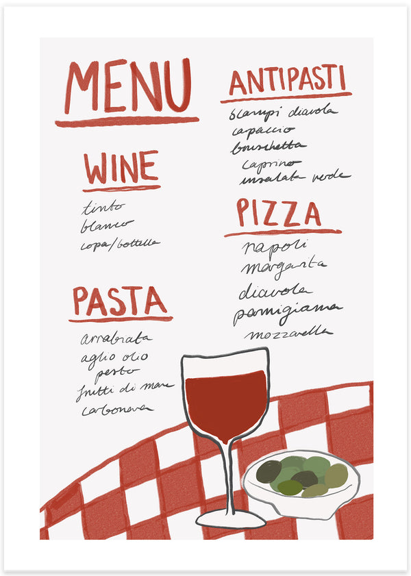 italian menu poster in red wine pizza pasta antipasti