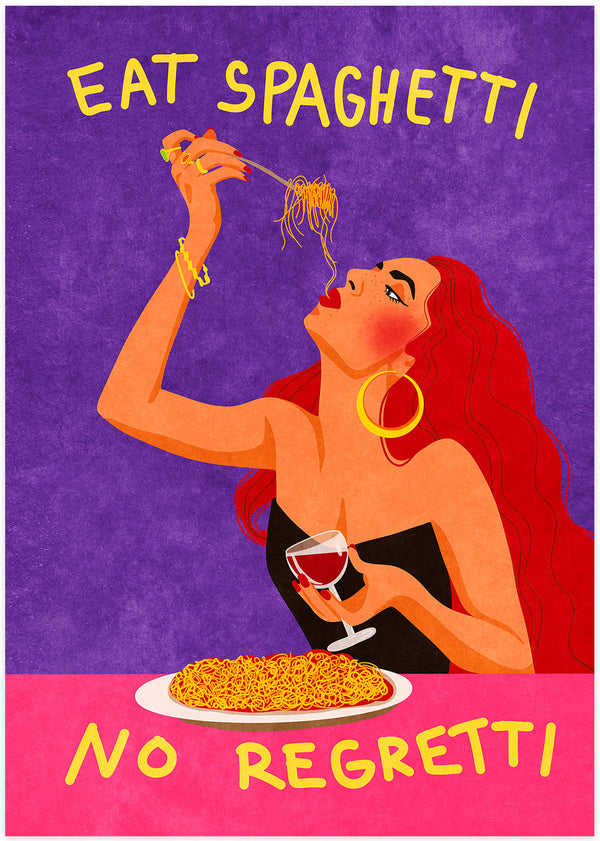 poster illustration of glamorous woman with long red hair eating pasta and drinking red wine against a purple and pink background..