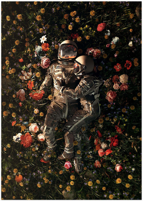 Poster av illustration två astronauter vilades på en blomsteräng i härliga färger.