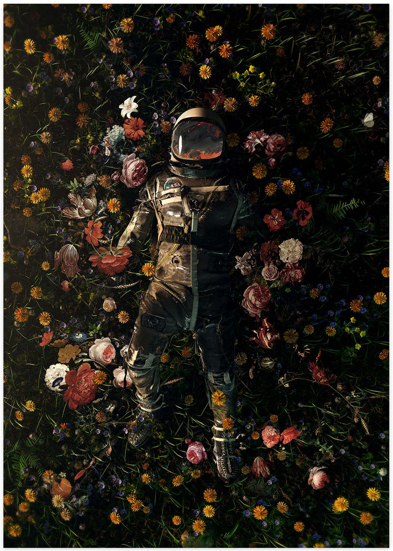 Poster av en illustration av en astronaut vilades på en blomsteräng i härliga färger.