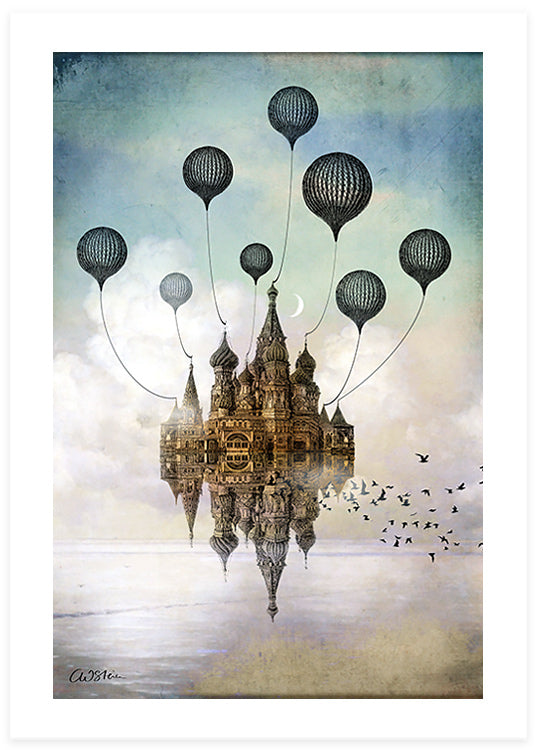 fantasy poster of a castle flying with baloons