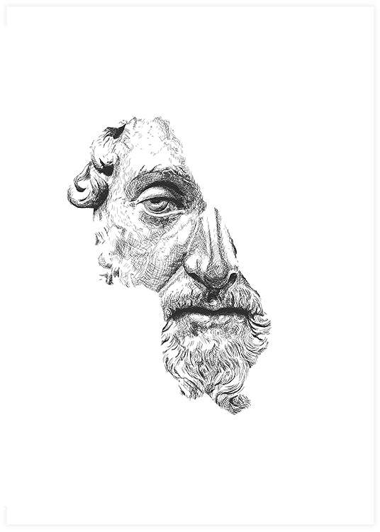 poster, svartvit illustration, fragmenterat ansikte, marcus aurelius, Daniel Coulmann.