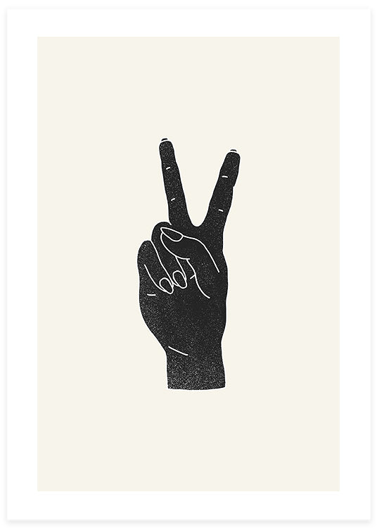 poster of a hand making peace sign in black and beige background by Studio Spruce