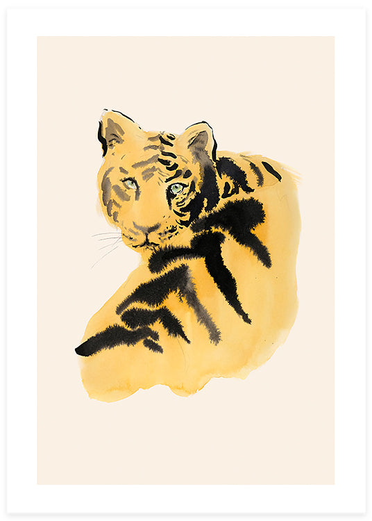 minimalistisk illustration poster i akvarell av en tiger i gula och beige färger av helena kruger