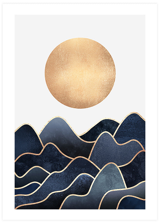 poster, grafisk Illustration, vågor i blå och guld, grå bakgrund, vit ram, Elisabeth Fredriksson