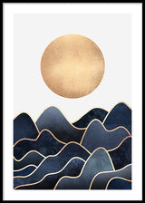 poster, grafisk Illustration, vågor i blå och guld, grå bakgrund, svart ram, Elisabeth Fredriksson