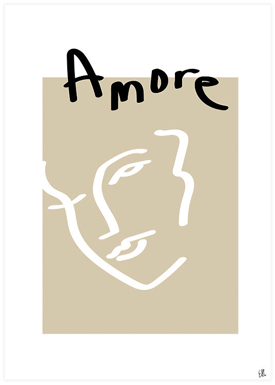 poster, illustration, handmålat kvinnligt ansikte i vitt mot beige bakgrund, handskriven text amore högst upp, Emma Holm.