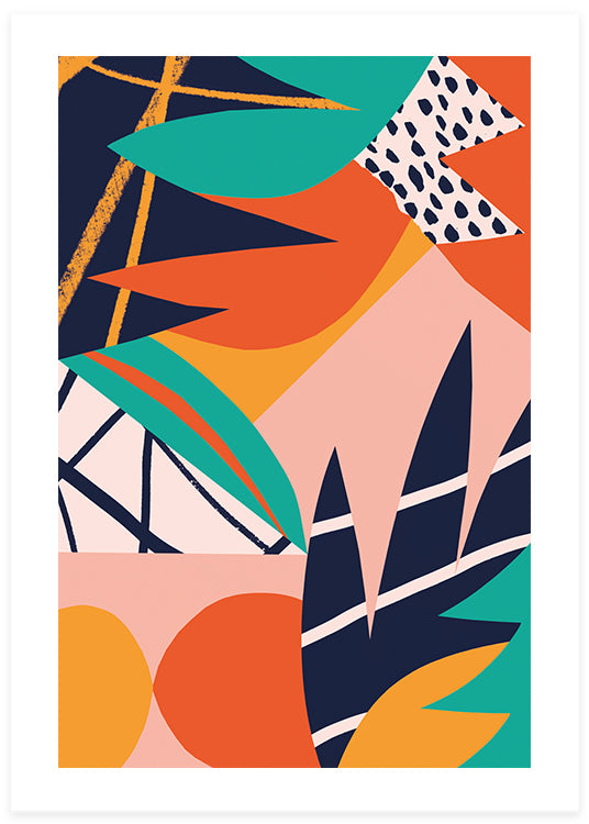 färgstark abstrakt poster med botaniska inslag och grafiska mönster av tom abbiss smith 