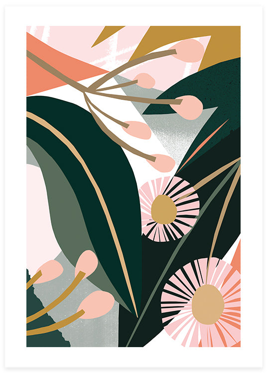 poster av rosa eucalyptus blommor mot en grafisk och botanisk bakgrund.