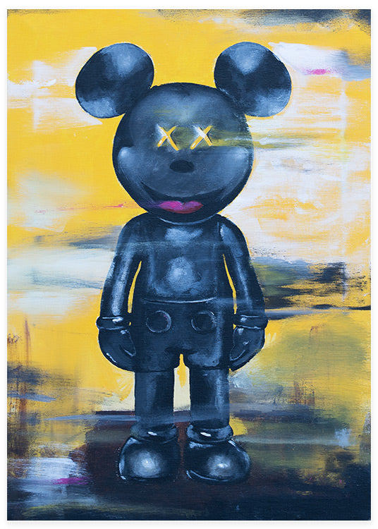 kawsy mickey mouse poster in street art style in colors of black and yellow 
