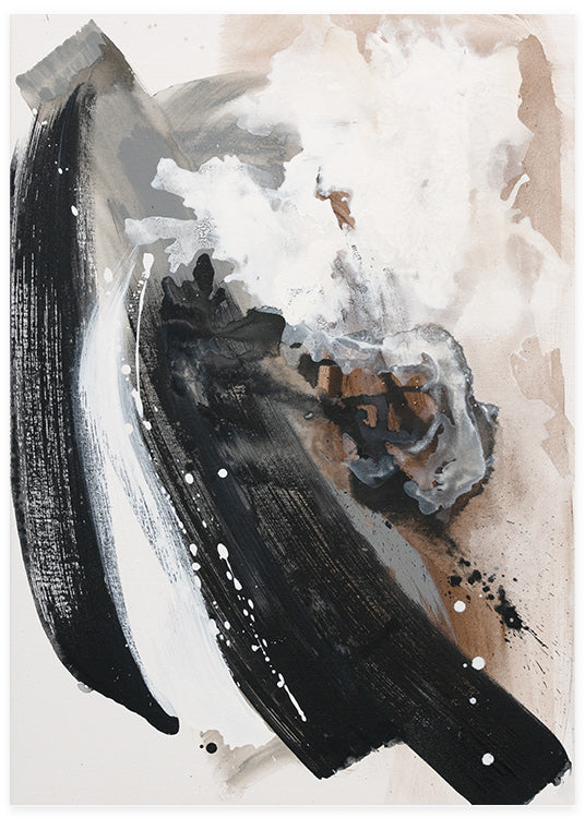 Abstrakt illustration poster av originalmålning i akryl skapad med små och stora penseldrag svarta och bruna toner av Sofia Larsson