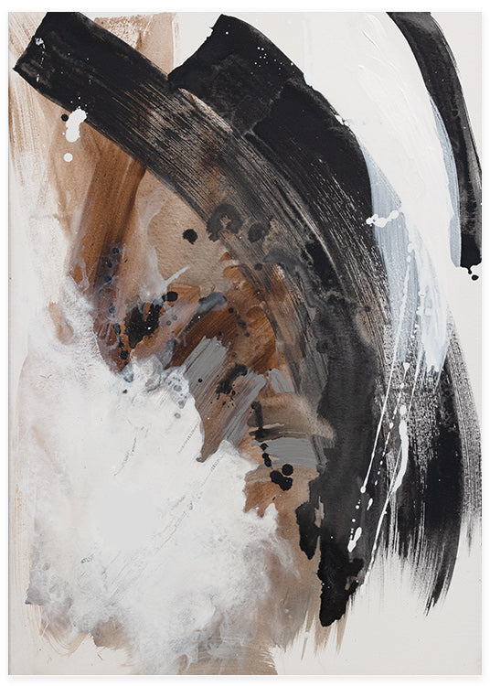 Abstrakt illustration poster av originalmålning i akryl skapad med små och stora penseldrag svarta och bruna beige av Sofia Larsson