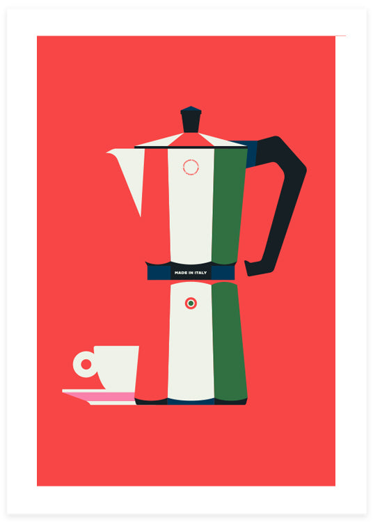 italian Bialetti Moka Express coffe brew poster with red background