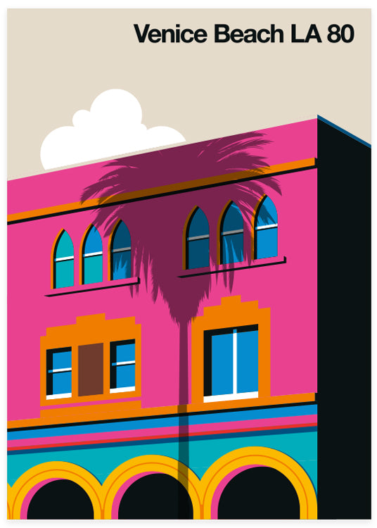 Venice Beach LA 80 poster illustration i grafisk retrostil, en byggnad i rosa och orange i glada färger ab bo lundberg