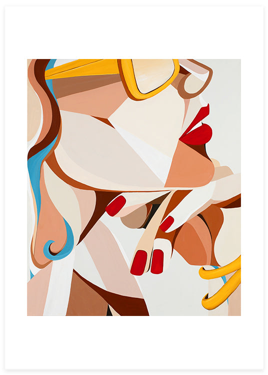 poster av grafisk illustration med kvinna i gula solglasögon, rött läppstift och röda naglar av simona florea