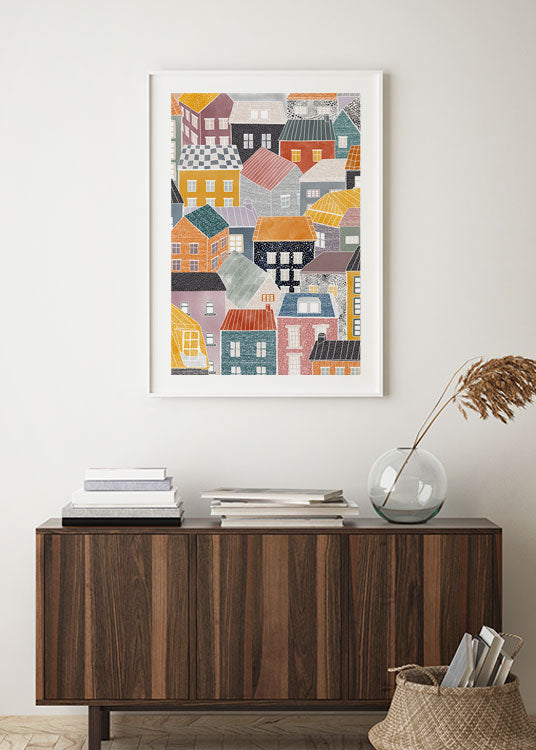 poster, illustration, färgglada husfasader i olika mönster, vit ram, vardagsrum, Karin Lager.