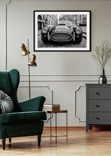 poster, svartvitt fotografi, Cobra sportbil, Magdalena Martin, svart ram, vardagsrum.
