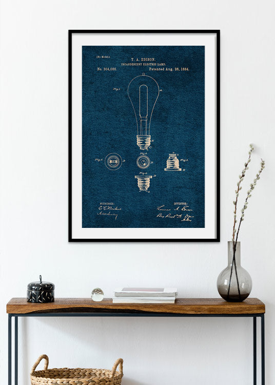 poster, illustration, patentritning, Thomas Edison glödlampa, blå bakgrund, svart ram, hall, Daniel Coulmann.