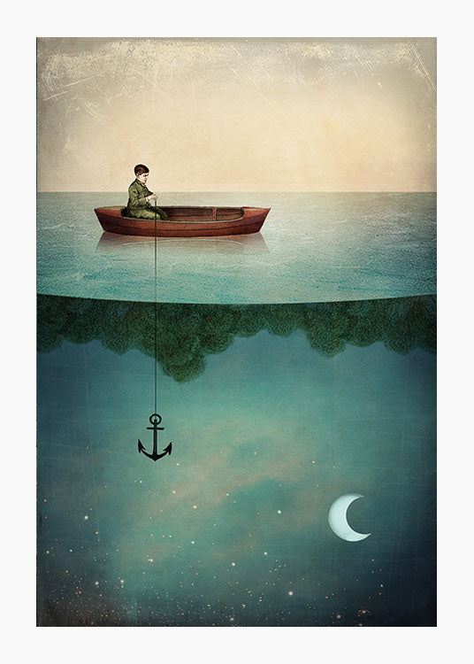 Poster, illustration, pojke i båt, fiskar med ankare, träd, måne och stjärnhimmel under vattenytan, Catrin Welz-Stein.