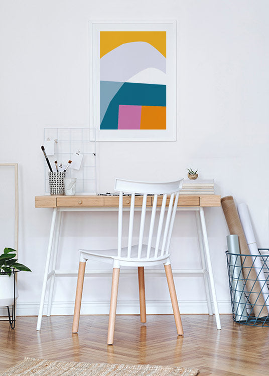 poster, abstrakt illustration, färgstark, grafiskt mönster, Jonathan Lawes, vit ram, arbetsrum.