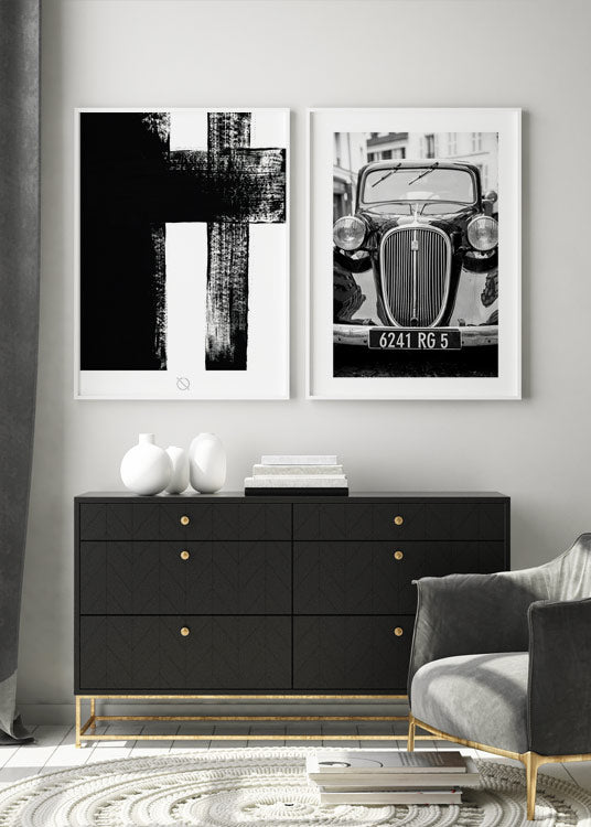 poster, svartvitt fotografi, retro bil Ford Model B, Magdalena Martin vit ram, vardagsrum.