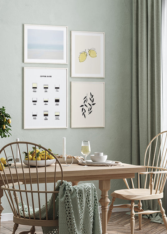 poster, minimalistisk illustration, två citroner, beige bakgrund, vit ram, tavelvägg kök, Studio Spruce.