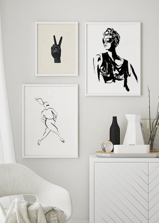 poster, minimalistisk line art illustration av kvinna, vit ram, tavelvägg, Karin Lager.