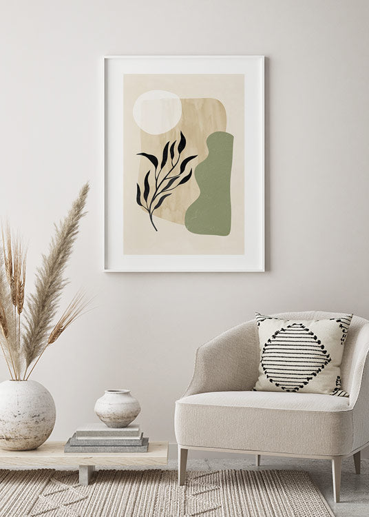 poster, botanisk illustration av trädgren siluett och naturnära texturer, Anneli Andersson, vit ram, vardagsrum.