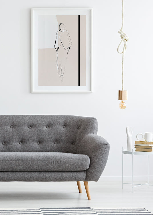 poster, grafisk minimalistisk illustration, kvinna skiss, beige bakgrund, vit ram, vardagsrum, Karin Lager.