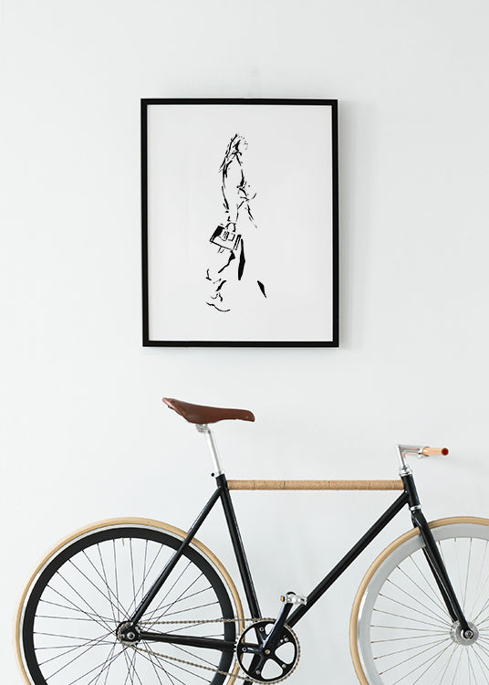 poster, minimalistisk svartvit illustration skiss, kvinna promenerar, svart ram, hall, Nicola Sutcliffe.